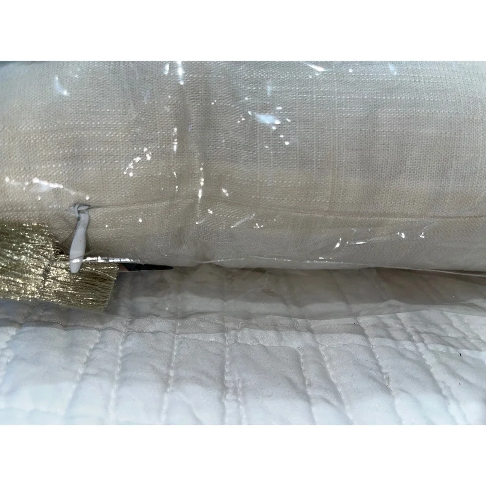 Gartner Studios Merry Christmas Lumbar Pillows Gold Tassels Set of 2 Cream Linen